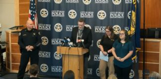Bend police officials at an Oct. 16, 2026 news conference after the Bend school shooting suspect identified as Griffin J. John II was named
