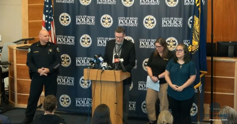Bend police officials at an Oct. 16, 2026 news conference after the Bend school shooting suspect identified as Griffin J. John II was named