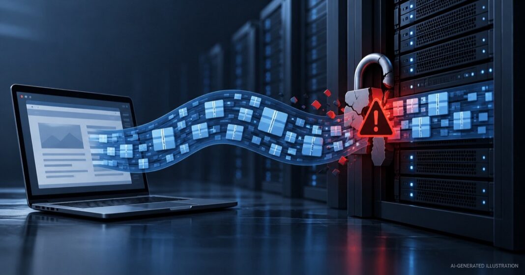 Brotli security flaw illustration showing data passing between a laptop and servers beside a broken padlock.