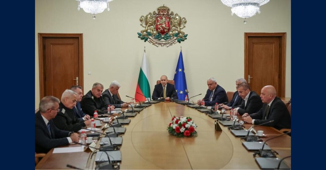 Bulgarian Prime Minister Rumen Radev chairs an emergency Security Council meeting in Sofia after the Bulgaria Black Sea drone attacks on ships