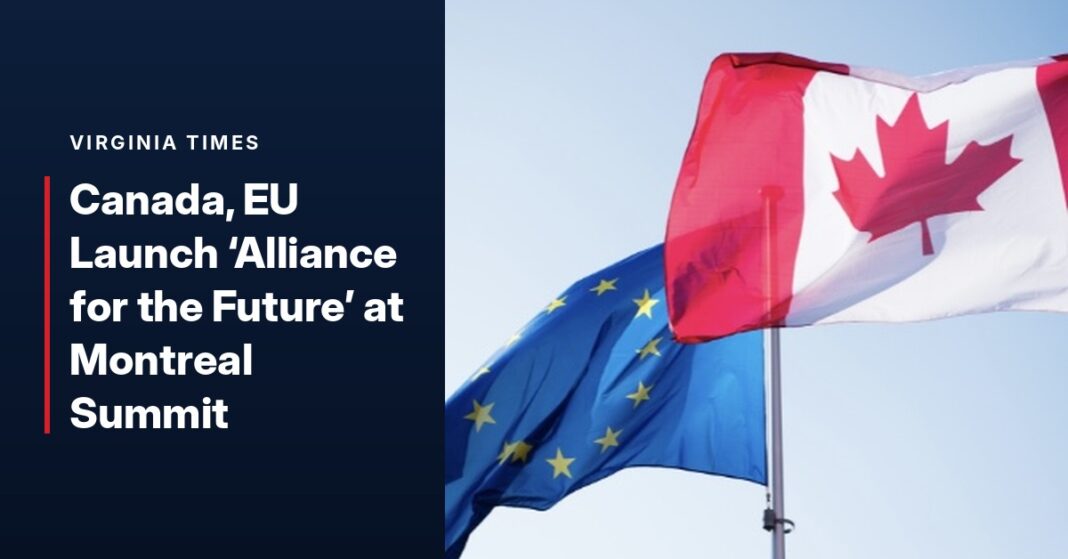 Canadian flag flying above the European Union flag against a pale sky, next to a Virginia Times headline panel reading Canada, EU Launch 'Alliance for the Future' at Montreal Summit