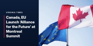 Canadian flag flying above the European Union flag against a pale sky, next to a Virginia Times headline panel reading Canada, EU Launch 'Alliance for the Future' at Montreal Summit