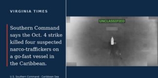 U.S. military video showing a go-fast vessel targeted in the Caribbean boat strike.