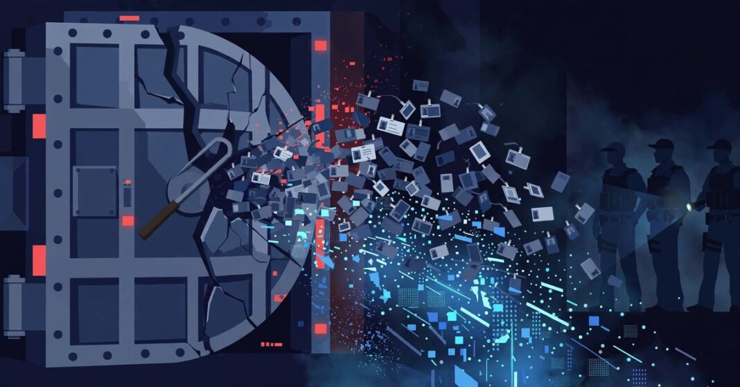 Illustration of a cracked vault spilling DHS personnel records and ID badges — DHS Icepick leak