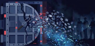 Illustration of a cracked vault spilling DHS personnel records and ID badges — DHS Icepick leak