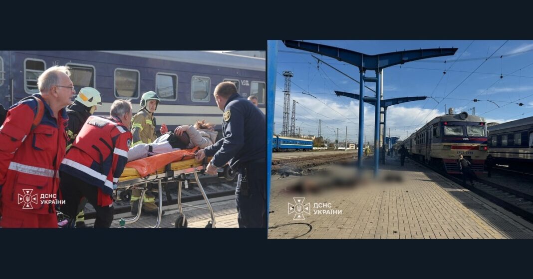 Side-by-side photos show responders carrying a person on a stretcher and a train beside the platform after the reported Dnipro train station strike.
