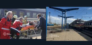 Side-by-side photos show responders carrying a person on a stretcher and a train beside the platform after the reported Dnipro train station strike.