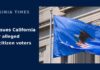 Justice Department Sues California Over Alleged Noncitizen Voters Department of Justice flag flying outside the Justice Department building in Washington.