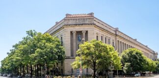 The Robert F. Kennedy Department of Justice Building in Washington, headquarters of the U.S. Department of Justice.