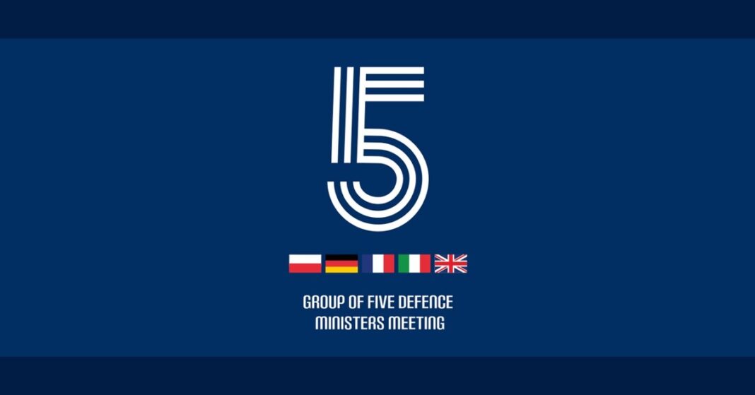 Group of Five (E5) defence ministers meeting graphic with the flags of Poland, Germany, France, Italy and the United Kingdom