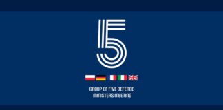 Group of Five (E5) defence ministers meeting graphic with the flags of Poland, Germany, France, Italy and the United Kingdom
