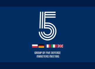 Group of Five (E5) defence ministers meeting graphic with the flags of Poland, Germany, France, Italy and the United Kingdom