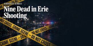Illustrated crime-scene banner with yellow police tape reading CRIME SCENE — DO NOT CROSS for the Erie shooting report