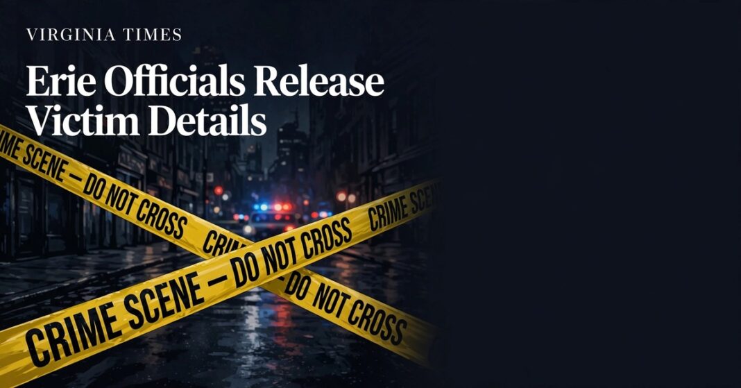 Illustrated crime-scene banner with yellow police tape reading CRIME SCENE — DO NOT CROSS for the Erie shooting update report