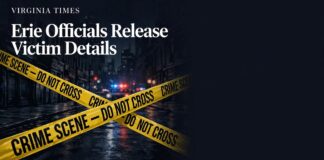 Illustrated crime-scene banner with yellow police tape reading CRIME SCENE — DO NOT CROSS for the Erie shooting update report