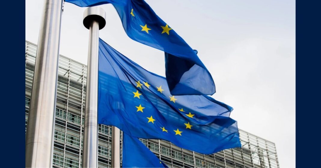 European Union flags waving outside an EU building