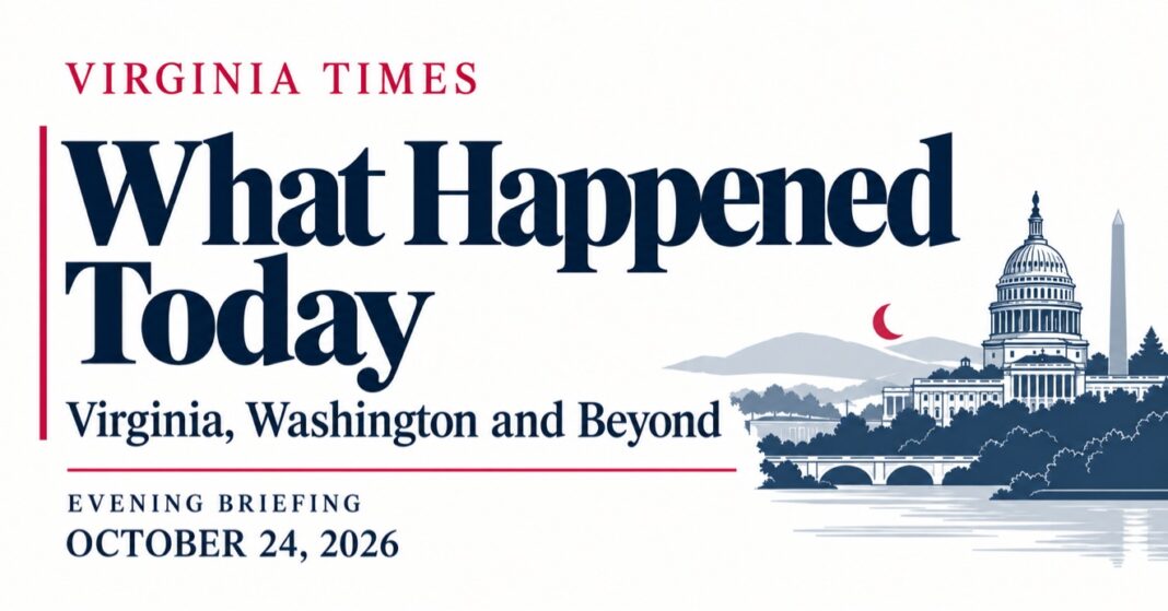 Virginia Evening Briefing banner for October 24, 2026, with “What Happened Today” and an illustration of the U.S. Capitol.