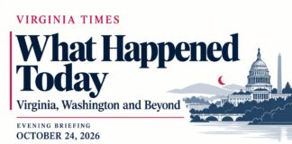 Virginia Evening Briefing banner for October 24, 2026, with “What Happened Today” and an illustration of the U.S. Capitol.