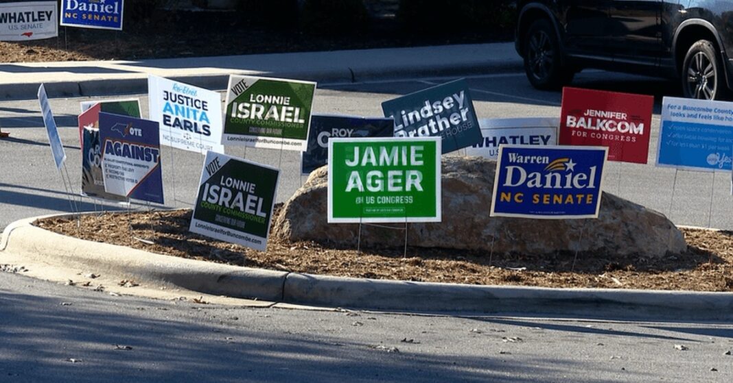 Political signs at an early voting site in Buncombe County, North Carolina