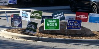 Political signs at an early voting site in Buncombe County, North Carolina