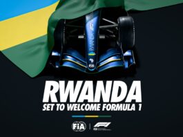 FIA announcement graphic showing a Formula 1 car beneath the Rwandan flag with the text "RWANDA — SET TO WELCOME FORMULA 1."