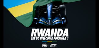FIA announcement graphic showing a Formula 1 car beneath the Rwandan flag with the text "RWANDA — SET TO WELCOME FORMULA 1."