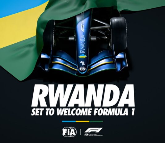 FIA announcement graphic showing a Formula 1 car beneath the Rwandan flag with the text "RWANDA — SET TO WELCOME FORMULA 1."