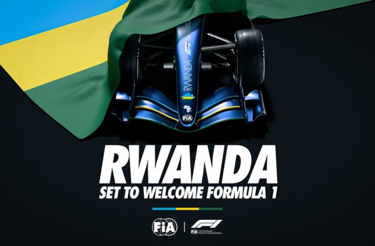 Formula 1 Signs 10-Year Rwanda Deal for Return to Africa FIA announcement graphic showing a Formula 1 car beneath the Rwandan flag with the text "RWANDA — SET TO WELCOME FORMULA 1."