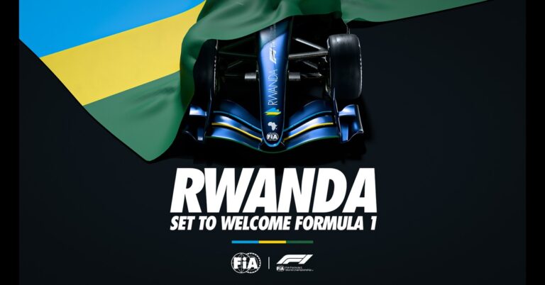 FIA announcement graphic showing a Formula 1 car beneath the Rwandan flag with the text "RWANDA — SET TO WELCOME FORMULA 1."