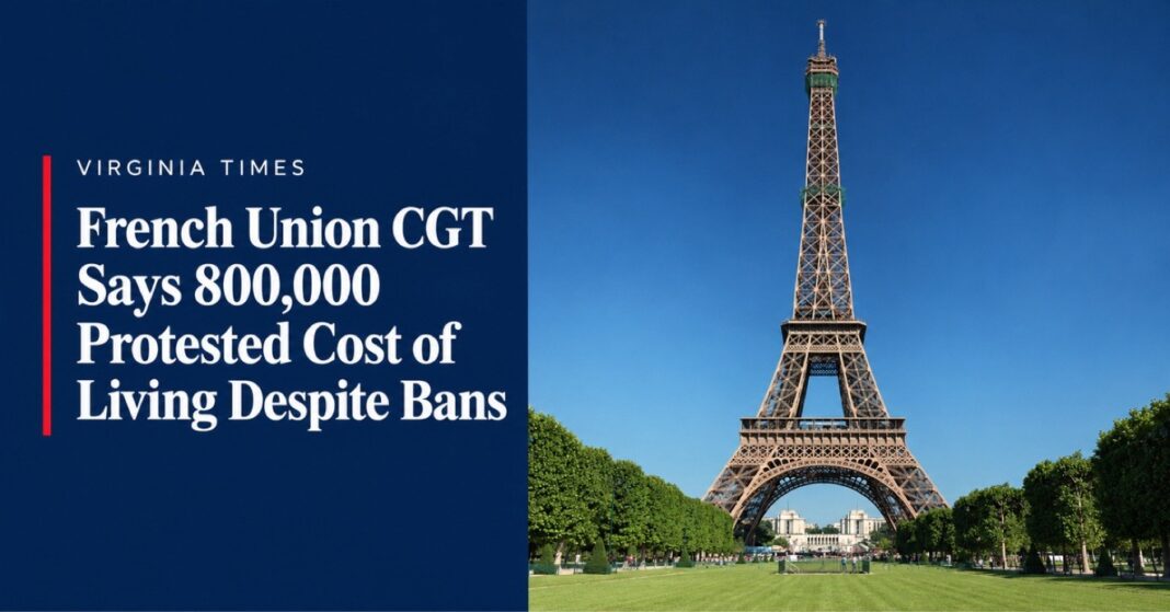 French CGT protests banner featuring the Eiffel Tower and the union’s reported turnout estimate