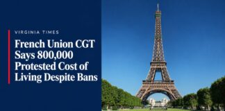 French CGT protests banner featuring the Eiffel Tower and the union’s reported turnout estimate