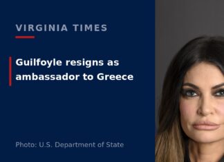 Guilfoyle Signals End of Greece Ambassadorship, Calls Allegations False Official portrait of Kimberly Guilfoyle, U.S. ambassador to Greece, wearing a black suit with a U.S. flag behind her