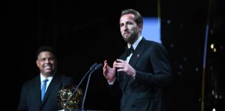 Harry Kane speaks at the podium with the Ballon d'Or trophy after winning the 2026 award, Harry Kane Ballon d'Or 2026