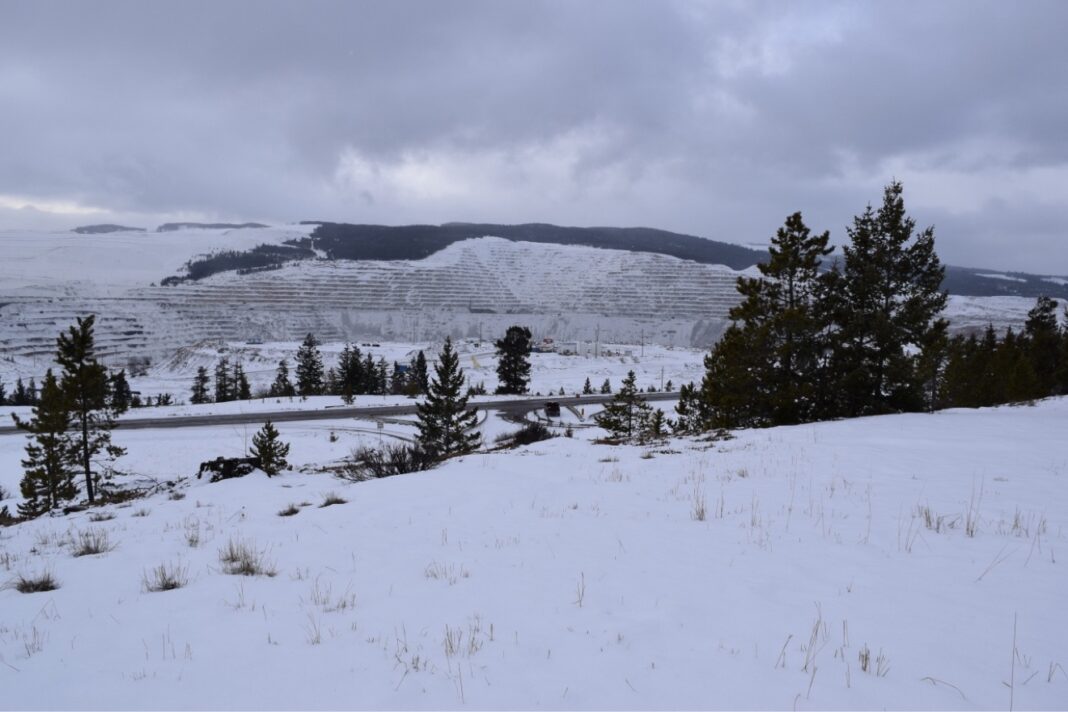 Snow-covered Highland Valley Copper open-pit mine near Logan Lake, British Columbia