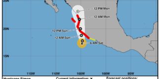 Hurricane Simon forecast map showing its projected path toward Mexico's west-central coast.