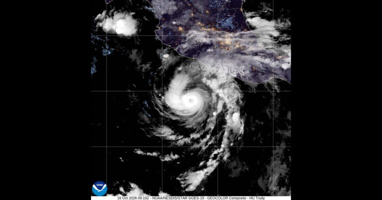 GOES-19 GeoColor satellite image of Hurricane Trudy over the Pacific Ocean off Mexico’s coast.