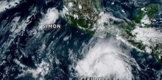 Satellite view of Hurricane Trudy south of Mexico's Pacific coast, with Simon visible to the northwest