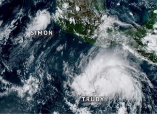 Mexico Expands Trudy Warnings as Hurricane Nears Pacific Coast Satellite view of Hurricane Trudy south of Mexico's Pacific coast, with Simon visible to the northwest