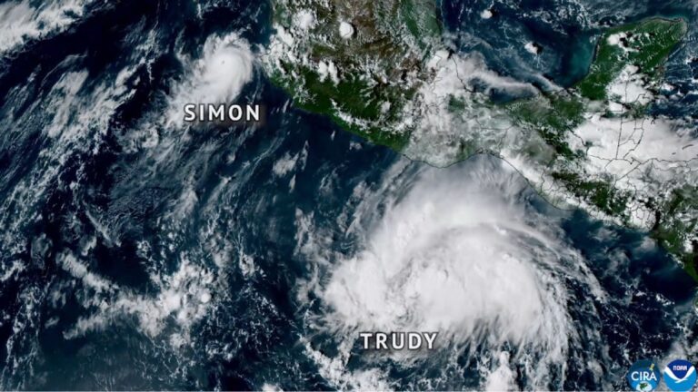 Satellite view of Hurricane Trudy south of Mexico's Pacific coast, with Simon visible to the northwest