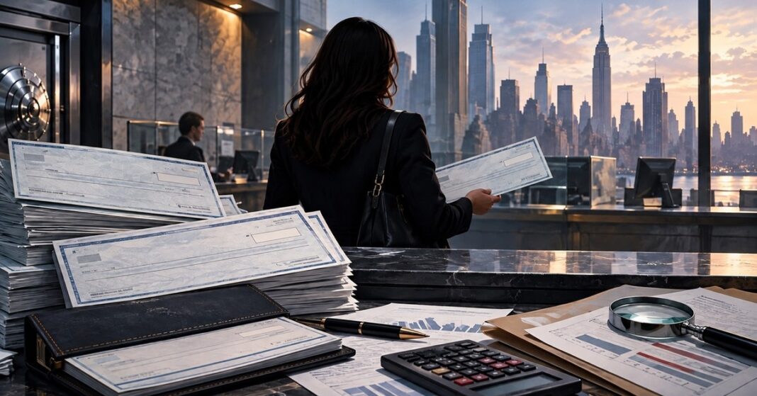 An illustration of a woman holding a check at a bank counter in New York, with stacks of checks in the foreground.