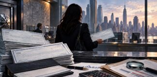 An illustration of a woman holding a check at a bank counter in New York, with stacks of checks in the foreground.