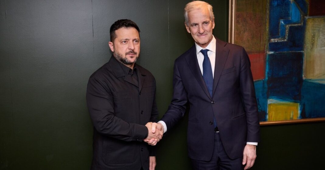 File photo of Ukrainian President Volodymyr Zelenskyy shaking hands with Norway's prime minister in September 2026 — Zelenskyy says Russian sites in strike range.