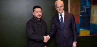 File photo of Ukrainian President Volodymyr Zelenskyy shaking hands with Norway's prime minister in September 2026 — Zelenskyy says Russian sites in strike range.