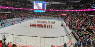 Canada and Russia junior players line up on the ice in a Russia return to international hockey file photo