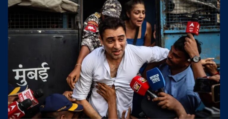 Actor Imran Khan speaking to reporters as he is detained by police during a protest at August Kranti Maidan in Mumbai.