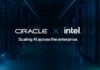Intel Revenue Jumps 21% as Data Center Sales Surge 78% Intel and Oracle logos over server racks, accompanying coverage of Intel Q3 2026 earnings.