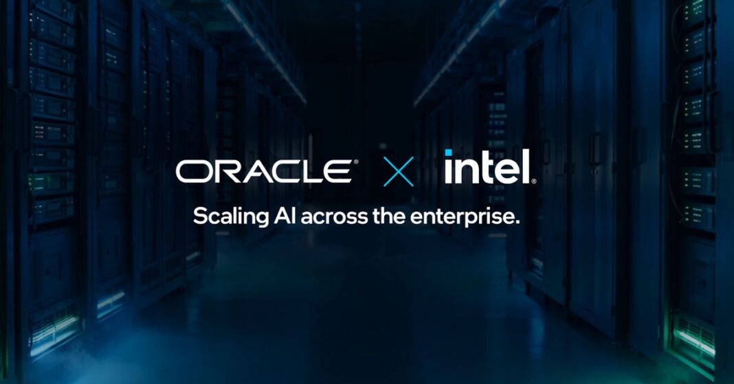Intel and Oracle logos over server racks, accompanying coverage of Intel Q3 2026 earnings.
