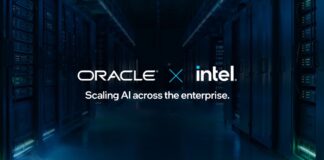 Intel and Oracle logos over server racks, accompanying coverage of Intel Q3 2026 earnings.