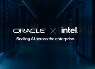Intel Revenue Jumps 21% as Data Center Sales Surge 78% Intel and Oracle logos over server racks, accompanying coverage of Intel Q3 2026 earnings.
