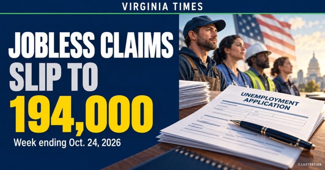 Virginia Times illustration: workers look toward the U.S. Capitol beside a stack of unemployment application forms, with the headline Jobless Claims Slip to 194,000, week ending Oct. 24, 2026.
